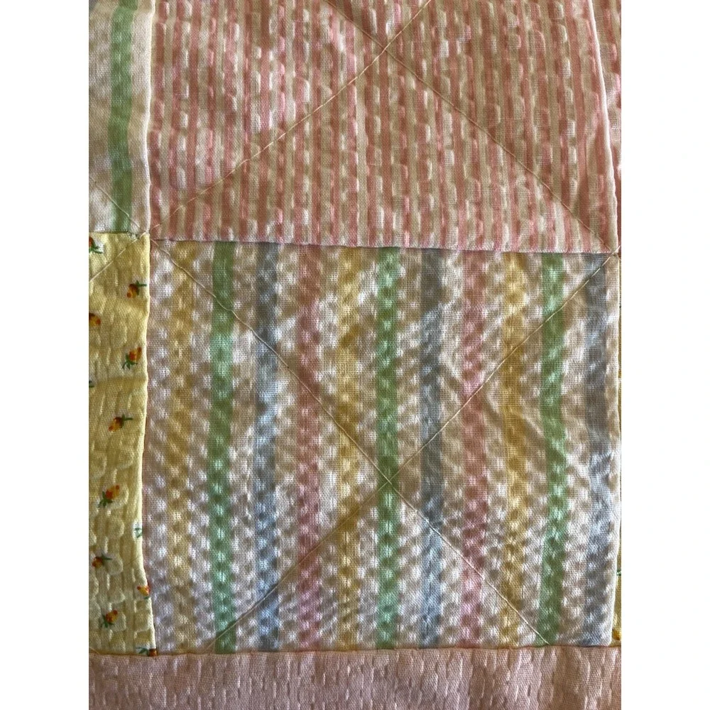 Vintage Baby Blanket Seersucker Quilted Patchwork Soft Pastels Delicate Floral